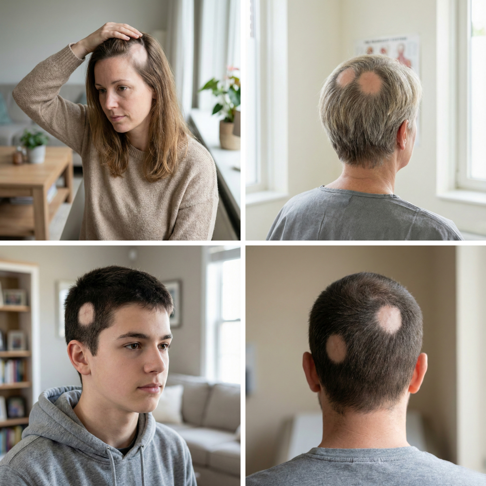 Esempi di perdita di capelli localizzata o a chiazze in uomini e donne