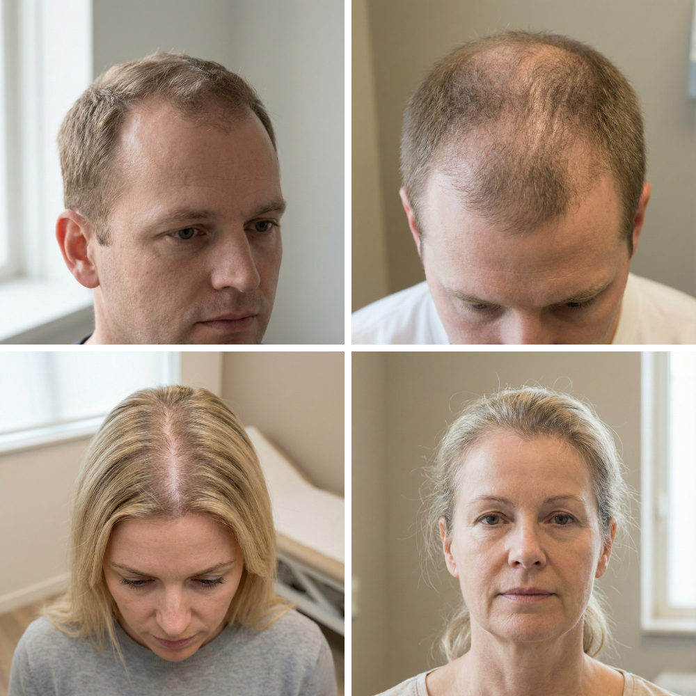 Klinische voorbeelden van alopecia androgenetica bij mannen en vrouwen, met terugwijkende haarlijn, verdunning op de kruin en diffuse, patroongebonden haarverdunning die kenmerkend is voor erfelijke haaruitval.