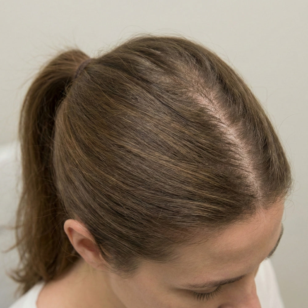 Bovenaanzicht van de hoofdhuid met een verbrede middenscheiding en diffuse haarverdunning, passend bij telogeen effluvium.