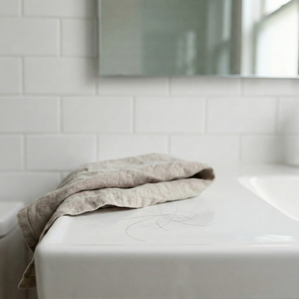 Enkele uitgevallen haren op een licht oppervlak, als illustratie van aanhoudende diffuse haaruitval bij telogeen effluvium.