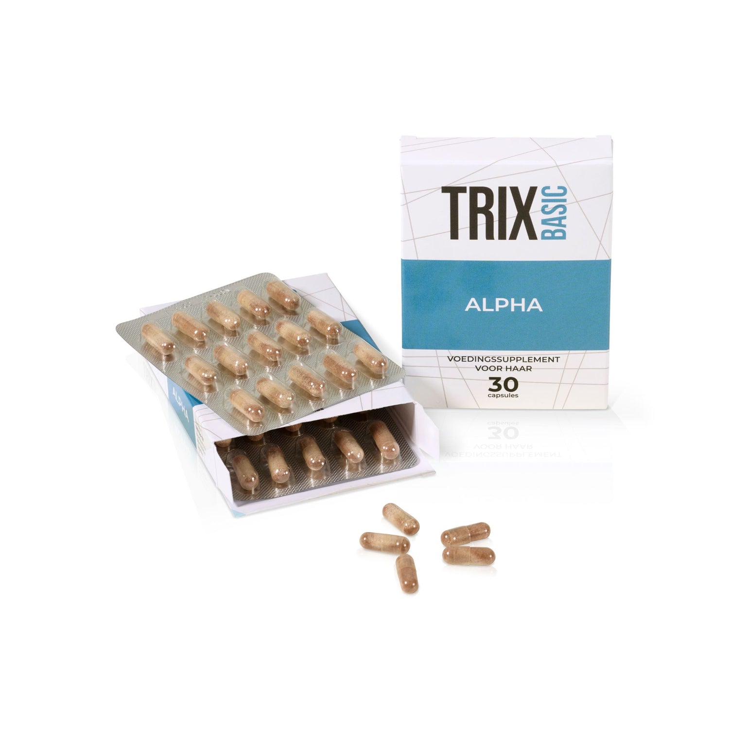 TRIX Basic Alpha supplement met geopende verpakking en zichtbare capsules op een lichte achtergrond.