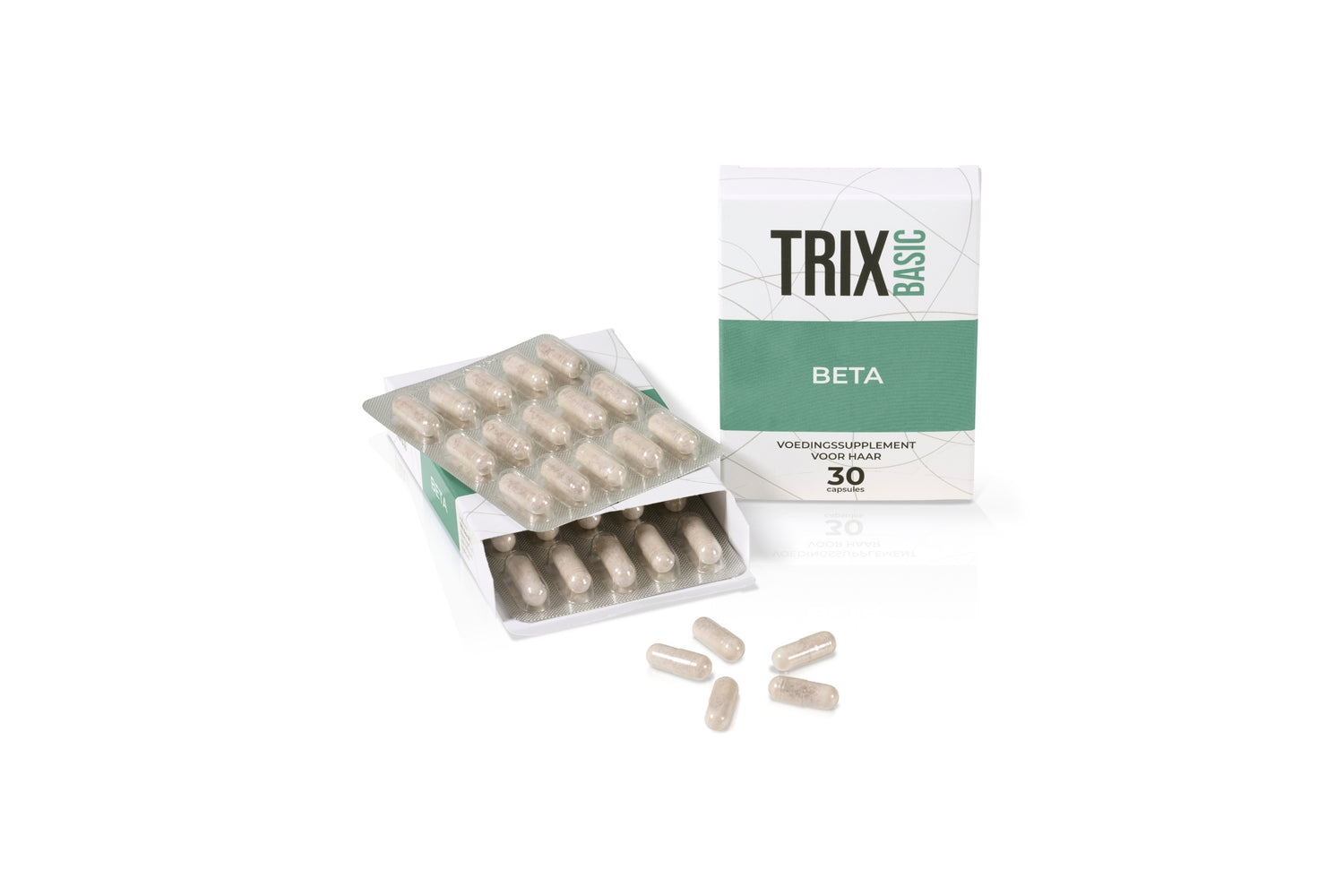 TRIX Basic Beta supplement met geopende verpakking en zichtbare capsules op een lichte achtergrond.