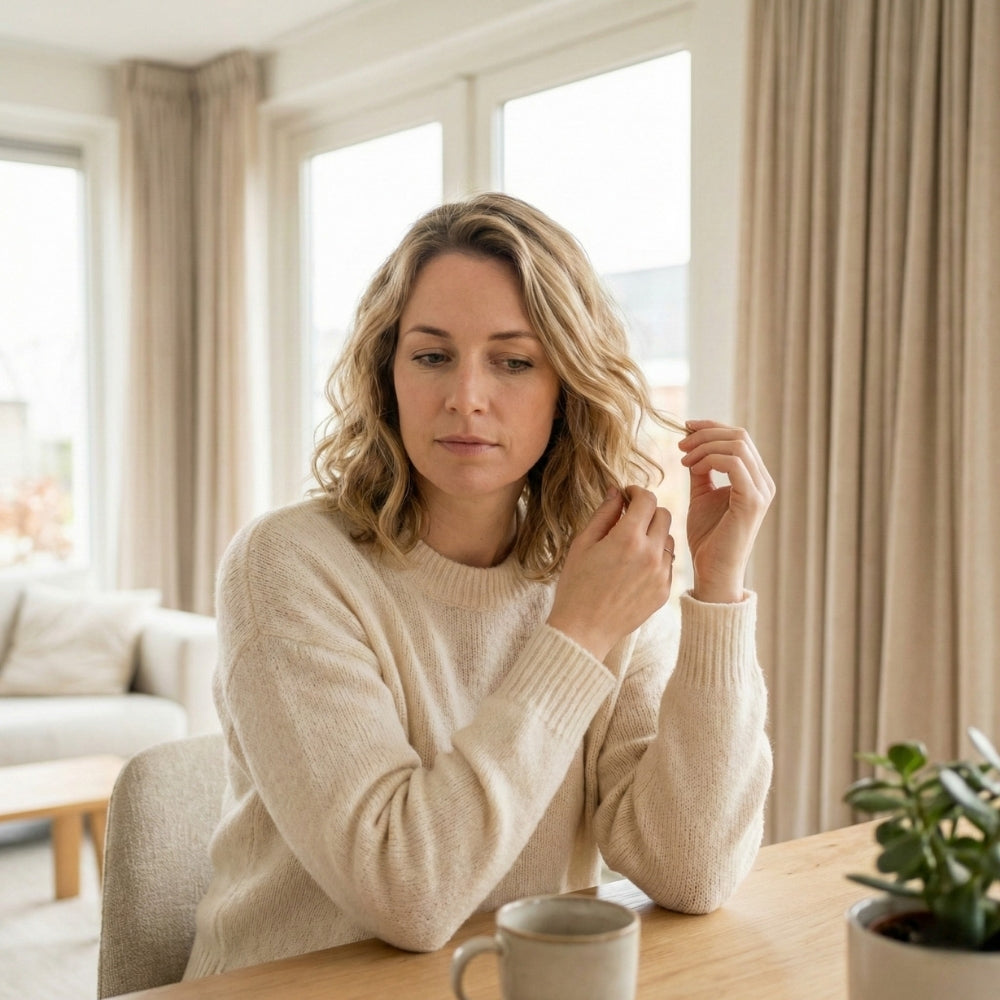 Vrouw in een rustige binnenomgeving die haar haar zacht aanraakt, als beeld voor stress- of hormoongerelateerde haarvragen.