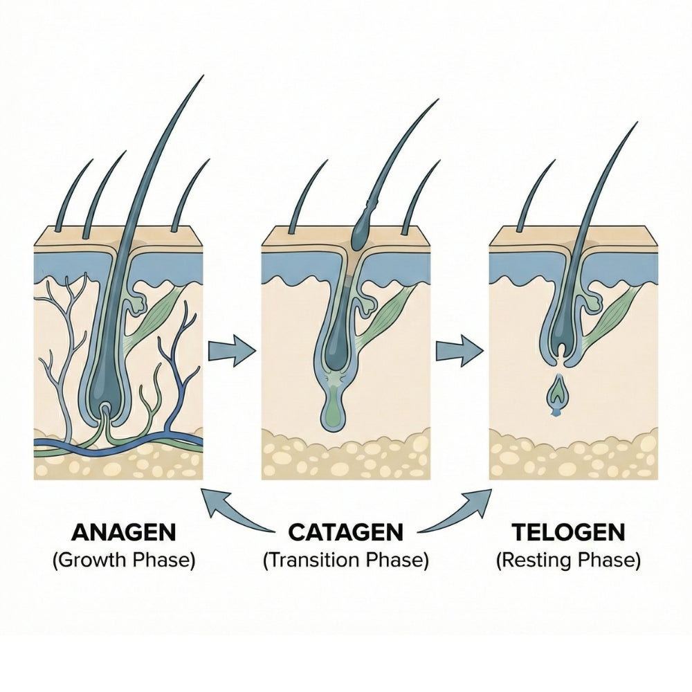 Schema van de haargroeicyclus met de anagene, katagene en telogene fase, ter uitleg van telogeen effluvium.