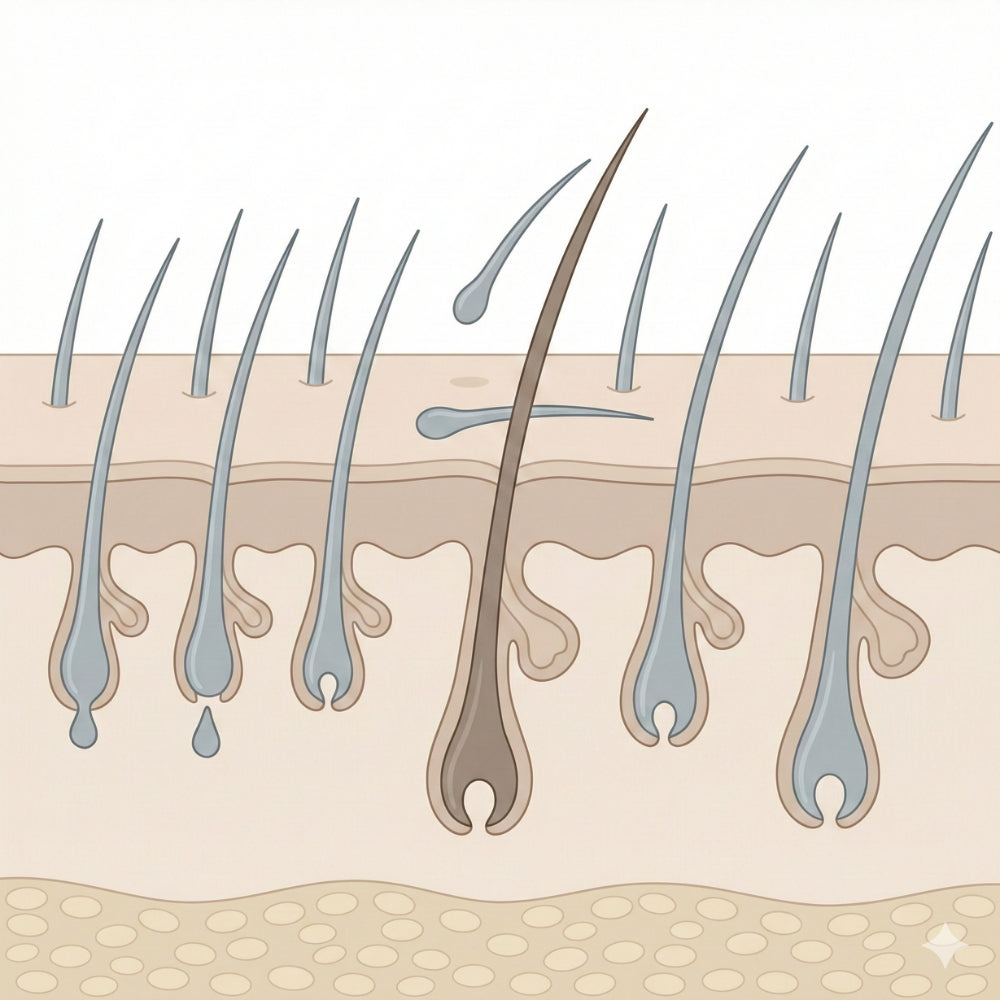 Illustration of a scalp cross-section showing intact hair follicles with many hairs in the telogen (resting) phase and subtle, diffuse shedding, illustrating the development of telogen effluvium.