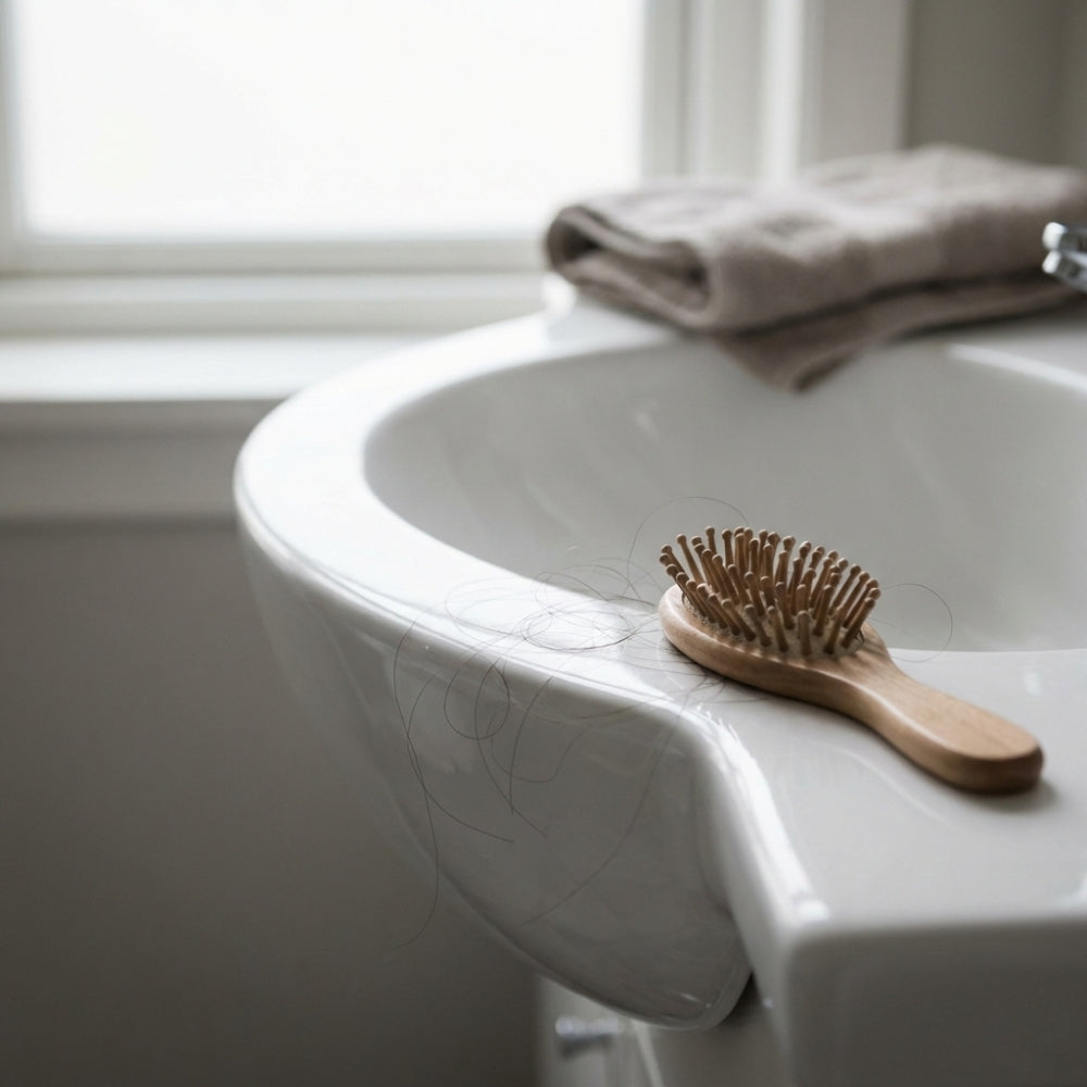 Diffuse haaruitval zoals gezien bij telogeen effluvium, zonder patroongebonden haarverlies.