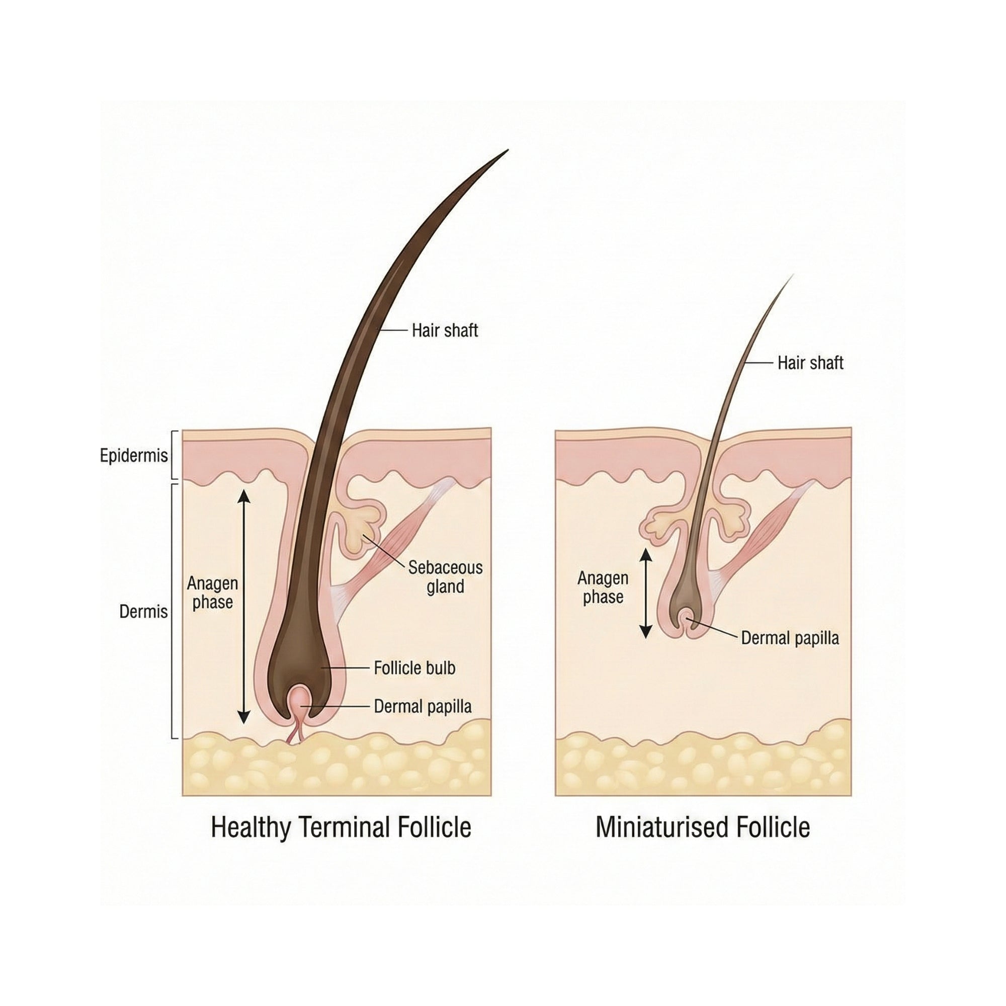 Doorsnede van een gezonde terminale haarfollikel vergeleken met een geminiaturiseerde haarfollikel bij alopecia androgenetica.