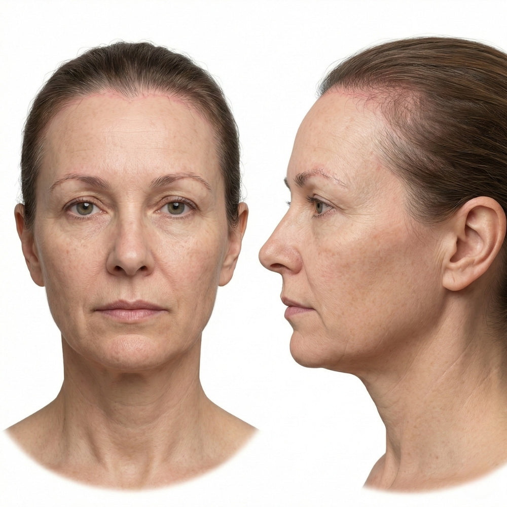Illustrazione clinica di alopecia fibrosante frontale (FFA) con stempiatura e lieve diradamento delle sopracciglia