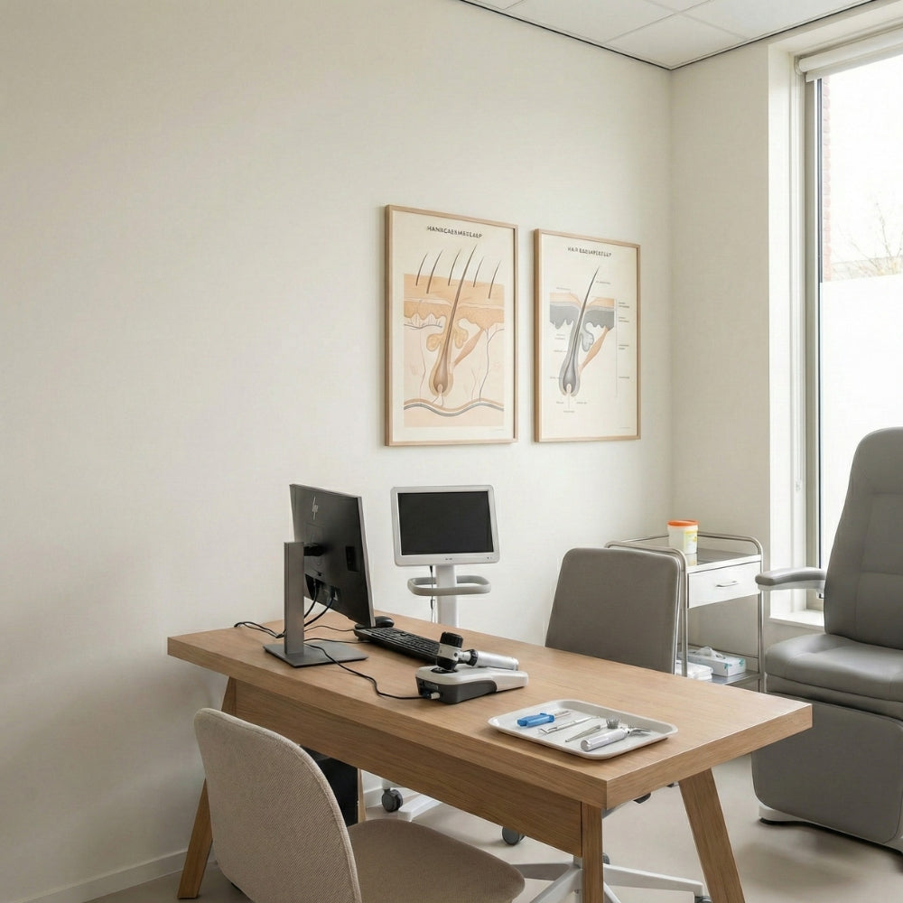 Clinical consultation room focused on hair and scalp assessment with dermatoscope and follicle anatomy charts