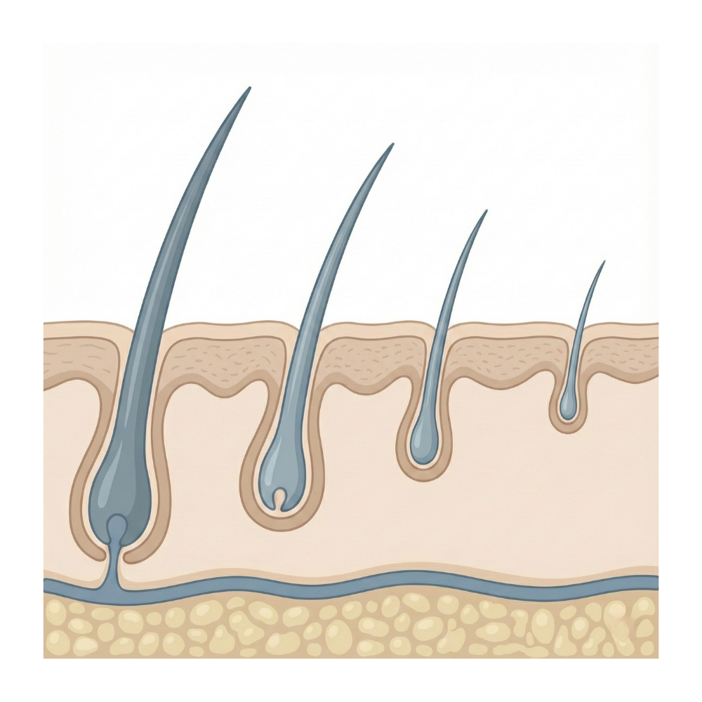 Geleidelijke miniaturisatie van haarfollikels bij alopecia androgenetica met progressieve verdunning van de haarschacht.