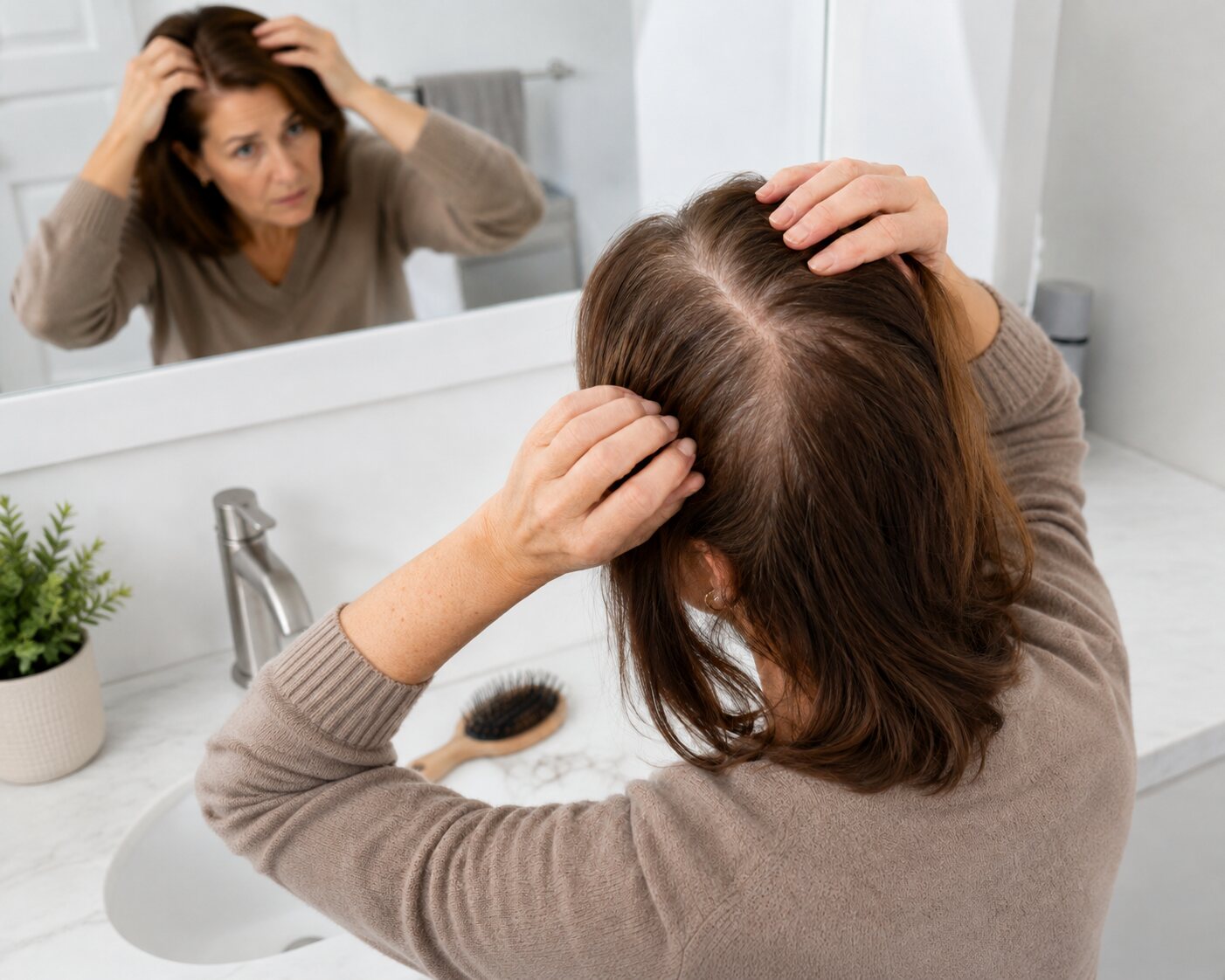 Diffuse haaruitval zichtbaar over een groot deel van de hoofdhuid.