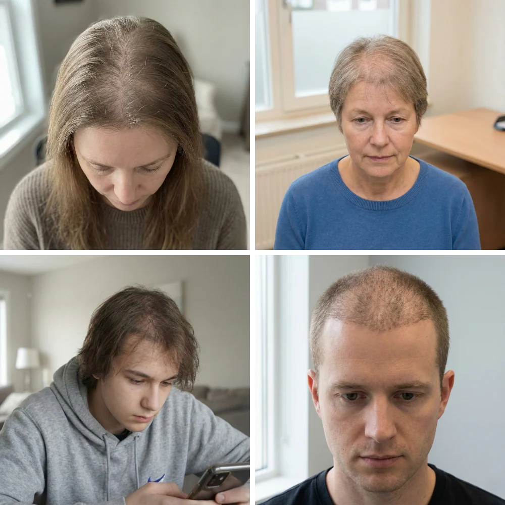 Voorbeelden van diffuse haaruitval bij mannen en vrouwen.