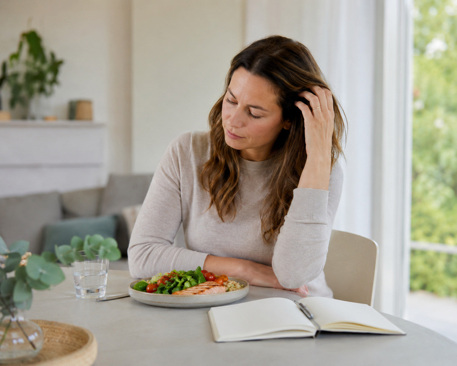 Una donna esamina le proprie abitudini alimentari e si tocca dopo un periodo di dimagrimento.