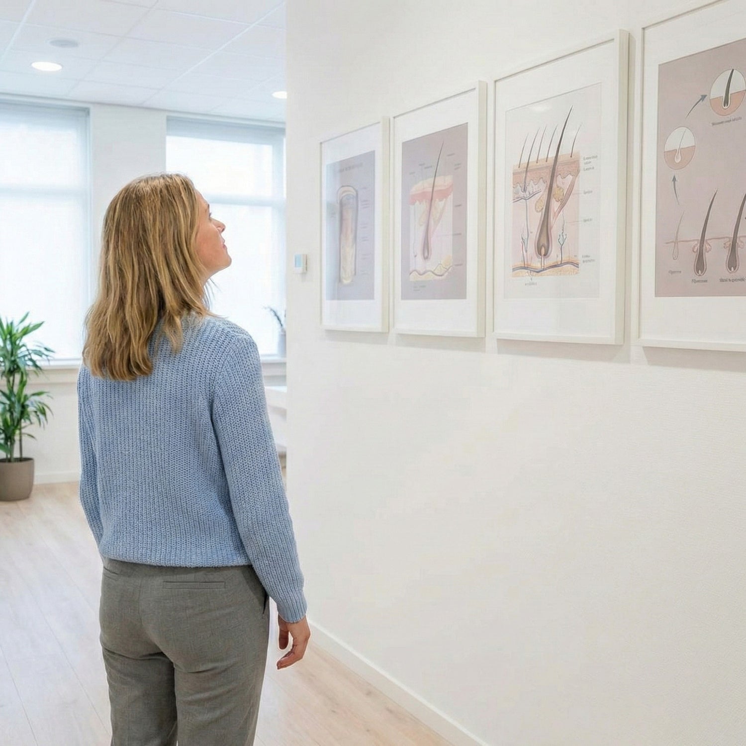 Volwassene gezien van achteren in een rustige klinische omgeving, kijkend naar informatiemateriaal over haar, ter illustratie van het belang van context bij het begrijpen van haarveranderingen.