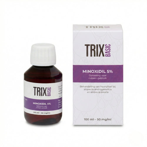 TRIX Basic Lozione al 5 % di Minoxidil con olio di rosmarino, flacone e confezione.