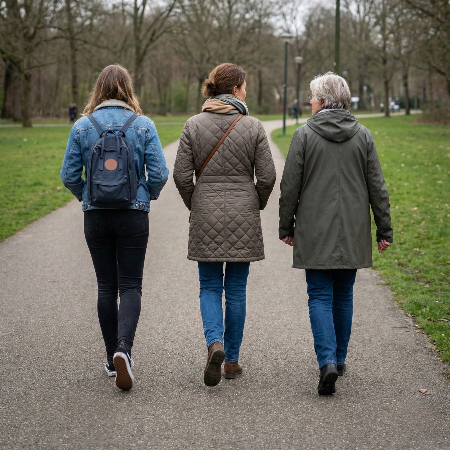 Personen van verschillende leeftijden die samen wandelen, gezien van achteren, als symbool voor variatie en verloop van haarveranderingen in de tijd.