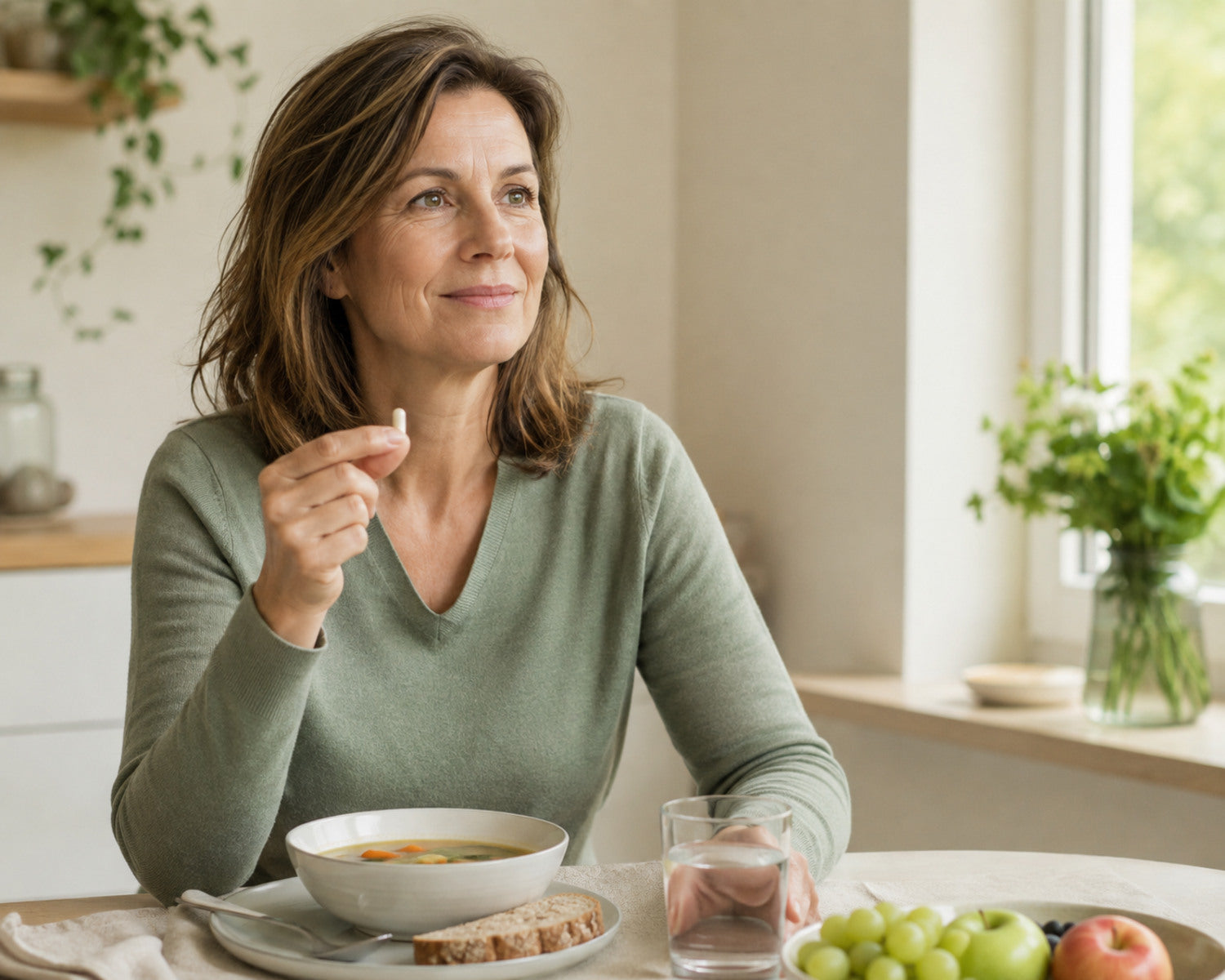 Una donna combina un supporto nutrizionale quotidiano con un pasto completo per il recupero.