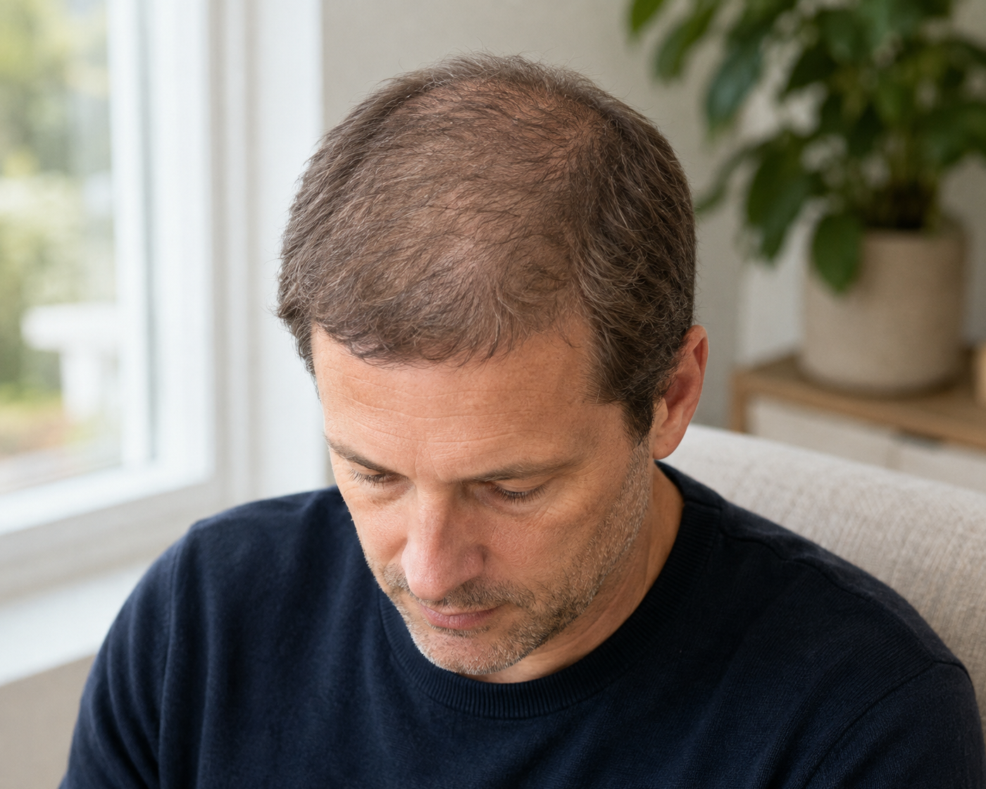 Man met gelijkmatig verminderde haardichtheid verspreid over de bovenkant van de hoofdhuid.