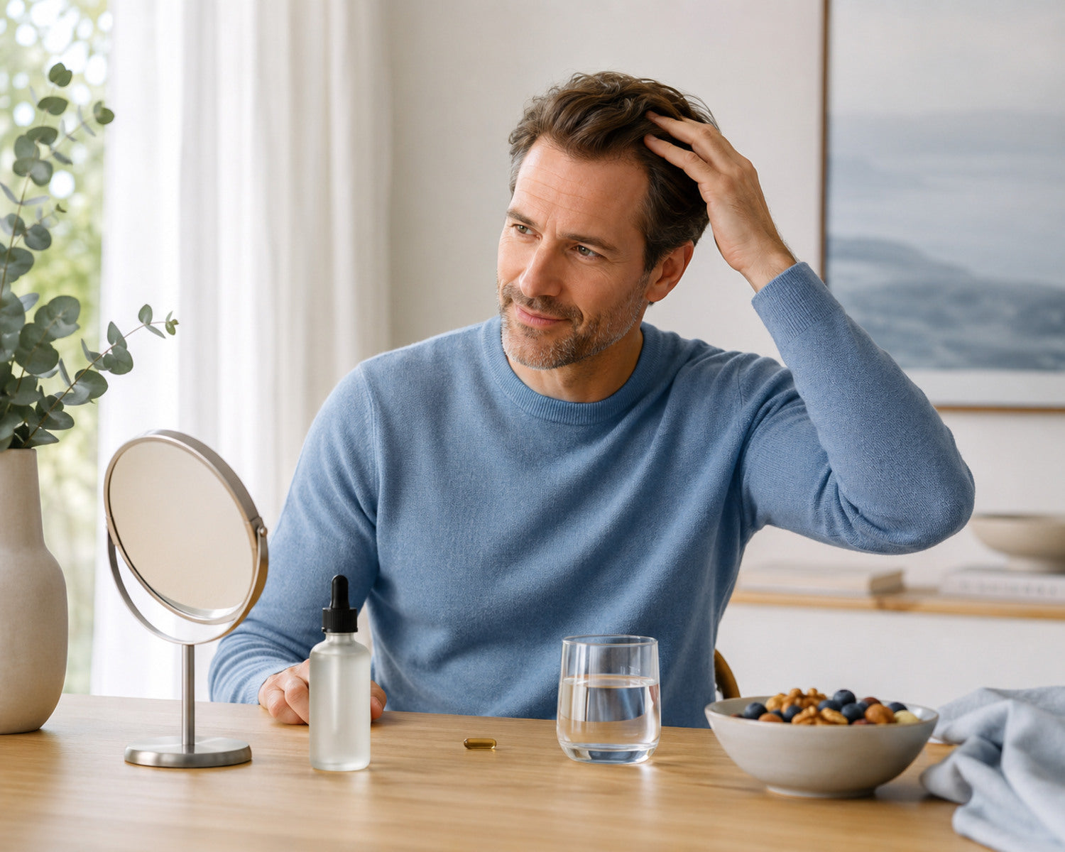 Man combineert gerichte hoofdhuidverzorging met dagelijkse voedingsondersteuning