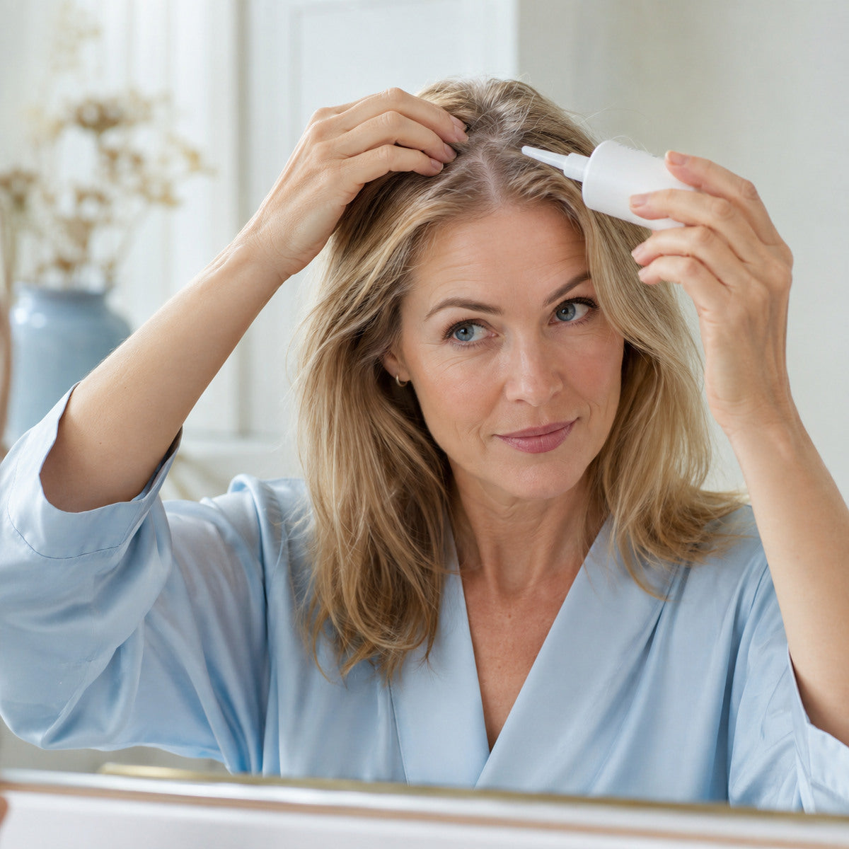 Una donna applica con cura il minoxidil sul cuoio capelluto.