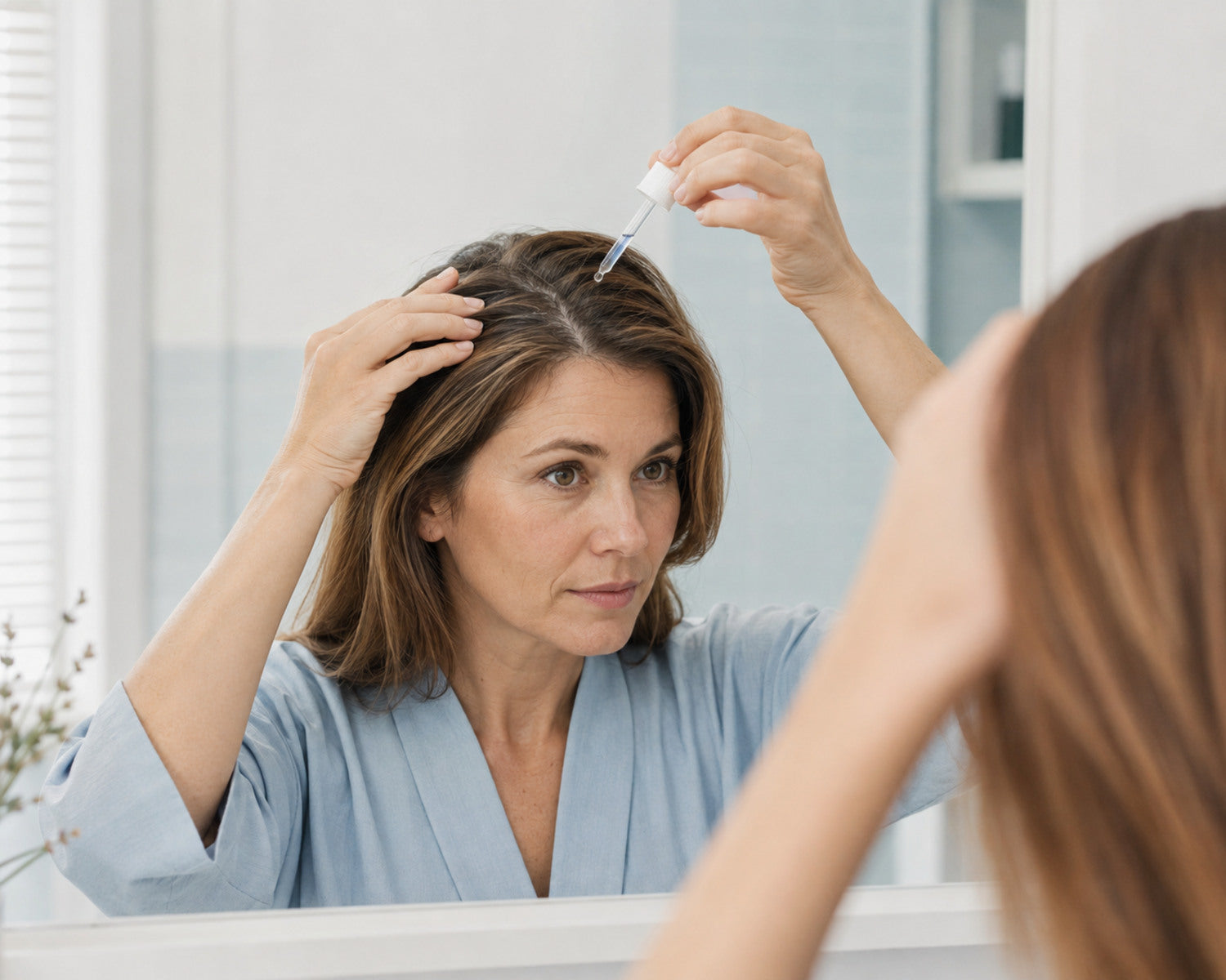 Una donna applica una lozione per il cuoio capelluto direttamente sul cuoio capelluto secco, tra i capelli.