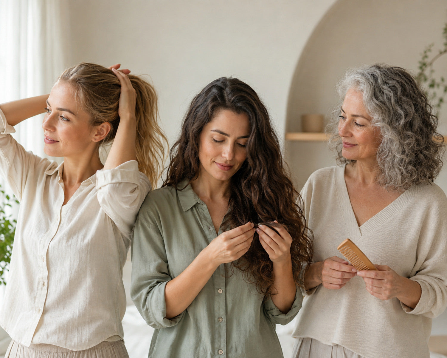 Donne di diverse età e con diversi tipi di capelli si prendono cura dei propri capelli a modo loro.