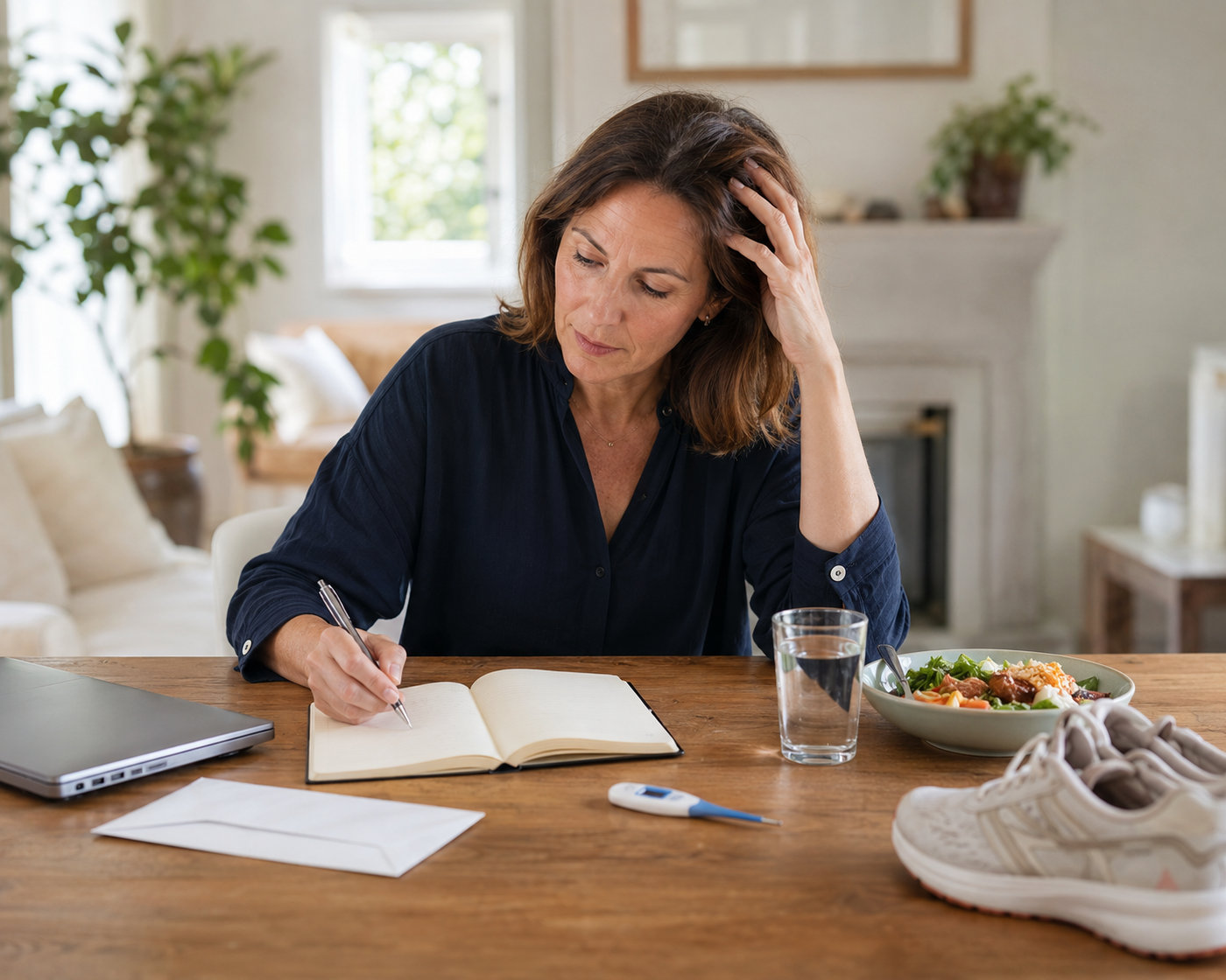 Vrouw brengt recente gezondheid, belasting, beweging en voeding in kaart als mogelijke context voor haaruitval.
