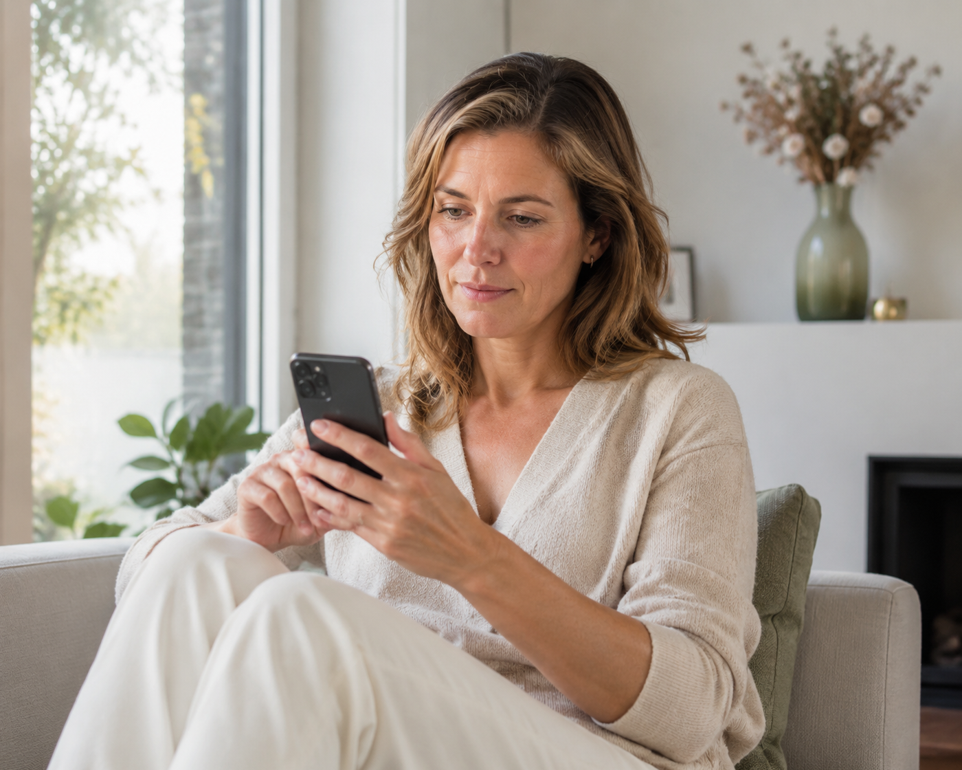 Vrouw vergelijkt op haar mobiele telefoon eerdere foto’s om veranderingen in haar haar te volgen.