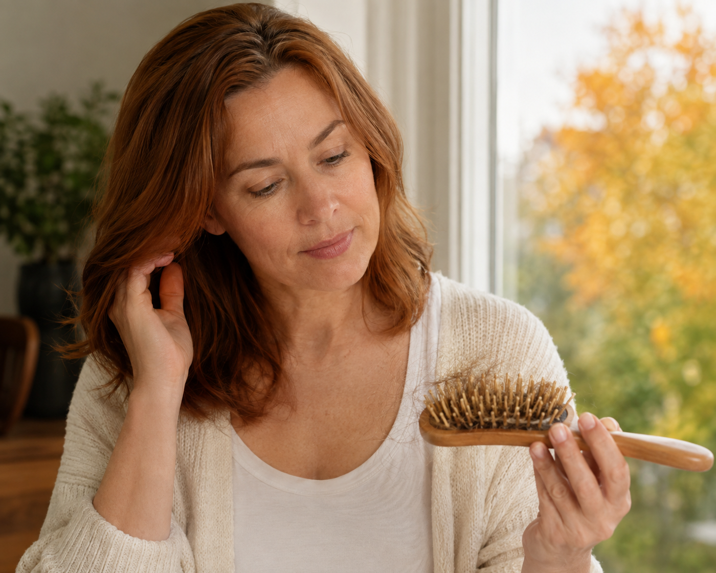 Una donna nota un aumento temporaneo di capelli caduti nella spazzola durante il passaggio all'autunno.