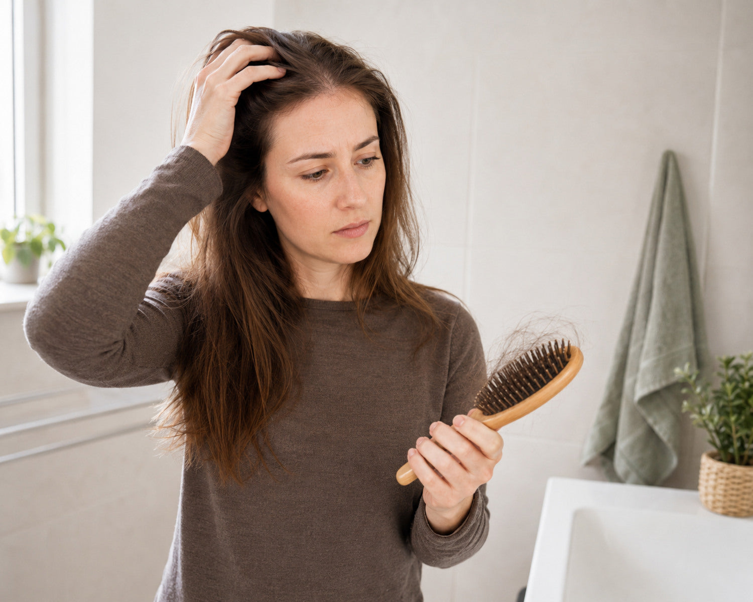 Una donna esamina la perdita di capelli diffusa nella sua spazzola dopo aver interrotto la pillola